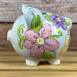 Large Personalized Daisies and Butterflies Ceramic Piggy Bank Gift for Girls, Beautifully Hand-painted Flower Garden and Butterfly Sanctuary