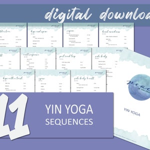 May include: Digital download of 11 printable yin yoga sequences. The image shows a blue watercolor background with the text "Peace in the Pause" and the number 11 in a light blue circle. The text "Yin Yoga Sequences" is also visible.