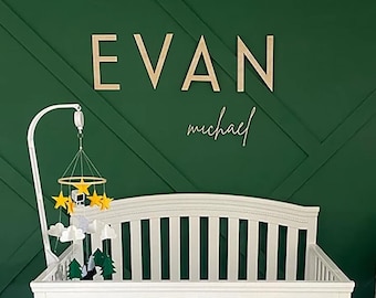 May include: A white crib with a white and gray patterned sheet. A mobile with yellow stars and green trees hangs above the crib. The crib is in a room with a green wall and a gray rocking chair. The wall has a wooden sign with the name "EVAN" and the text "michael" written in cursive.