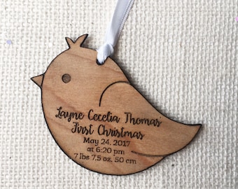 Little Bird First Christmas Ornament - Personalized with Birth Details - Custom Rustic Wood Ornament - New Baby Gift - Baby Shower