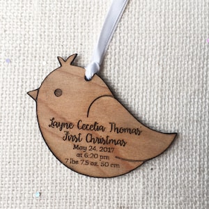 Little Bird First Christmas Ornament - Personalized with Birth Details - Custom Rustic Wood Ornament - New Baby Gift - Baby Shower