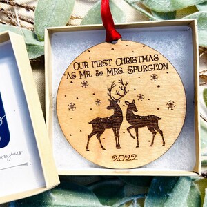 Personalized 2022 Our First Christmas as Mr and Mrs Ornament with Two Deer - Doe and Buck - Rustic Custom Gift for Holiday Wedding