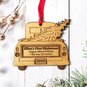 Personalized Vintage Truck Baby’s First Christmas Ornament - 2023 - with birth stats & details Keepsake Gift - Rustic Wooden Ornament