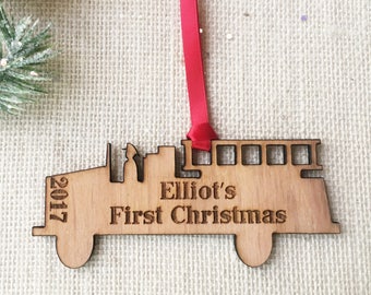 Personalized Custom Firetruck Ornament for Baby's First Christmas - Laser Cut and Engraved - Custom Wooden Ornament