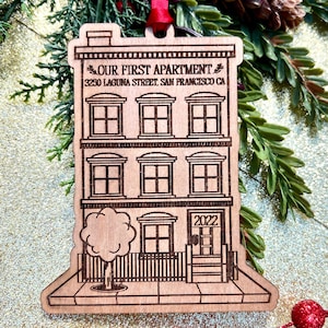 First Christmas in our Apartment Personalized Ornament with Address - Housewarming Gift - Moving Gift - City Building San Francisco New York