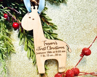 Baby Giraffe Custom Baby's First Christmas Ornament 2022 with Birth Details Stats Baby Boy Girl