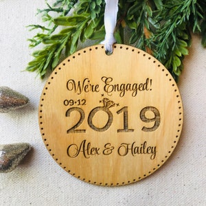 Personalized We're Engaged Christmas Ornament Our First Engaged Christmas Wooden Christmas Ornament Bride and Groom Engagement Gift image 1