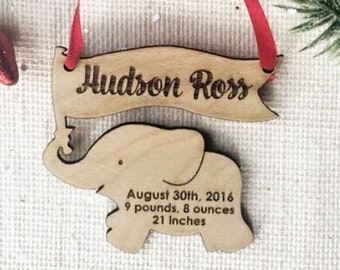 Personalized Elephant Ornament - Baby's First Christmas Ornament with Birth Details - Custom Wooden Laser Cut Holiday Ornament