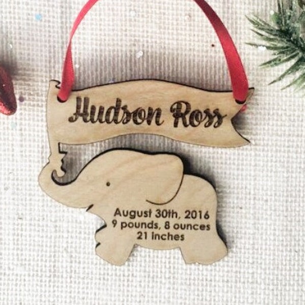 Personalized Elephant Ornament - Baby's First Christmas Ornament with Birth Details - Custom Wooden Laser Cut Holiday Ornament