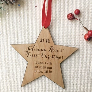 Personalized Star Shaped Ornament for Baby's First Christmas - Laser Cut and Engraved