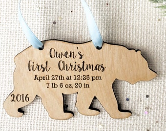 Bear Baby's First Christmas Ornament - personalized Wooden Ornament - new baby gift - birth details - stocking stuffer gift