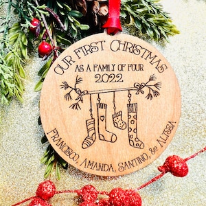 Our First Christmas as a Family - 2023 Personalized Xmas Ornament - 3, 4, 5 or 6 Stockings - Growing Family - Stocking Stuffer Gift Under 20