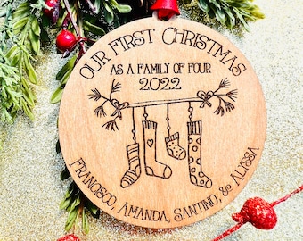 Our First Christmas as a Family - 2023 Personalized Xmas Ornament - 3, 4, 5 or 6 Stockings - Growing Family - Stocking Stuffer Gift Under 20
