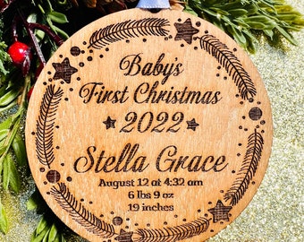 Baby's First Christmas Personalized Ornament - Rustic Woodland Style Holiday Wreath Holly Baby Girl 1st Xmas Ornament