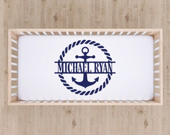 Personalized Crib Sheet with Anchor - Nautical Boys Room Bedding with Name - Gift for Baby Boy