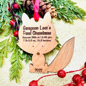 Fox Custom Baby's First Christmas Ornament 2022 woodland creatures Personalized 1st Xmas Wooden Ornament Baby Fox image 1