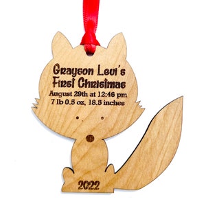 Fox Custom Baby's First Christmas Ornament 2022 woodland creatures Personalized 1st Xmas Wooden Ornament Baby Fox image 6