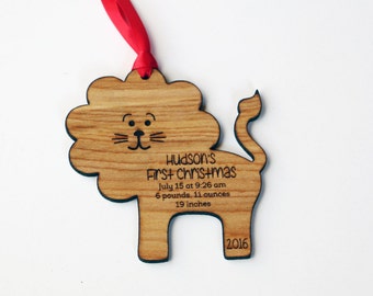 Custom Baby Lion First Christmas Ornament - Personalized Wooden Ornament - Baby's Birth Details - Personalized Christmas New Baby Gift