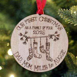 Our First Christmas as a Family - 2025 Personalized Xmas Ornament - 3, 4, 5 or 6 Stockings - Growing Family - Stocking Stuffer Gift Under 20