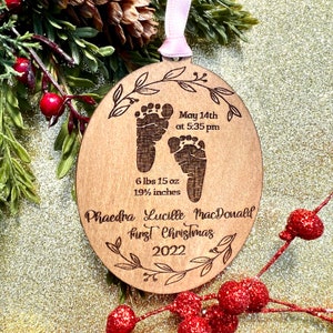 Personalized Baby's First Christmas Ornament with Feet 2023 -Including Birth Details - Rustic Style - Laser Engraved Wooden Gift