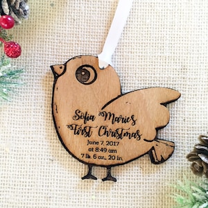 Bird Baby&#39;s First Christmas Ornament - Personalized with Birth Details - Custom Rustic Wood Ornament - New Baby Gift - Baby Shower