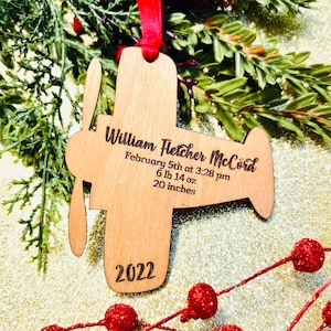 Personalized Vintage Airplane Baby’s First Christmas Ornament 2022 - with birth stats & details Keepsake Gift - Plane Wooden Xmas Ornament