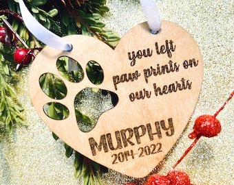 Pet Loss Gift - you left Pawprints on our hearts - 2022 Personalized Christmas ornament - paw dog cat lover gift