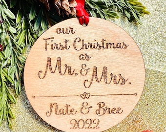 Our First Christmas as Mr and Mrs Ornament with first names - Personalized Christmas Gift Newlyweds or Married Couple