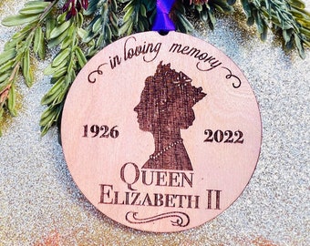 Queen Elizabeth II 1926-2022 In Loving Memory Ornament - Wooden Gift for Royal Lover Keepsake Memorabilia with Purple Ribbon and Gift Box