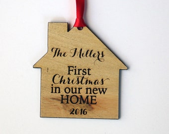 First Christmas in our New Home Personalized Ornament - Family Name Ornament - Housewarming Gift - Moving Gift - Laser Engraved Wood