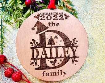 Personalized Family Name Wooden Christmas Ornament 2022 - Stocking Stuffer Gift - Cozy Xmas Initial Scene