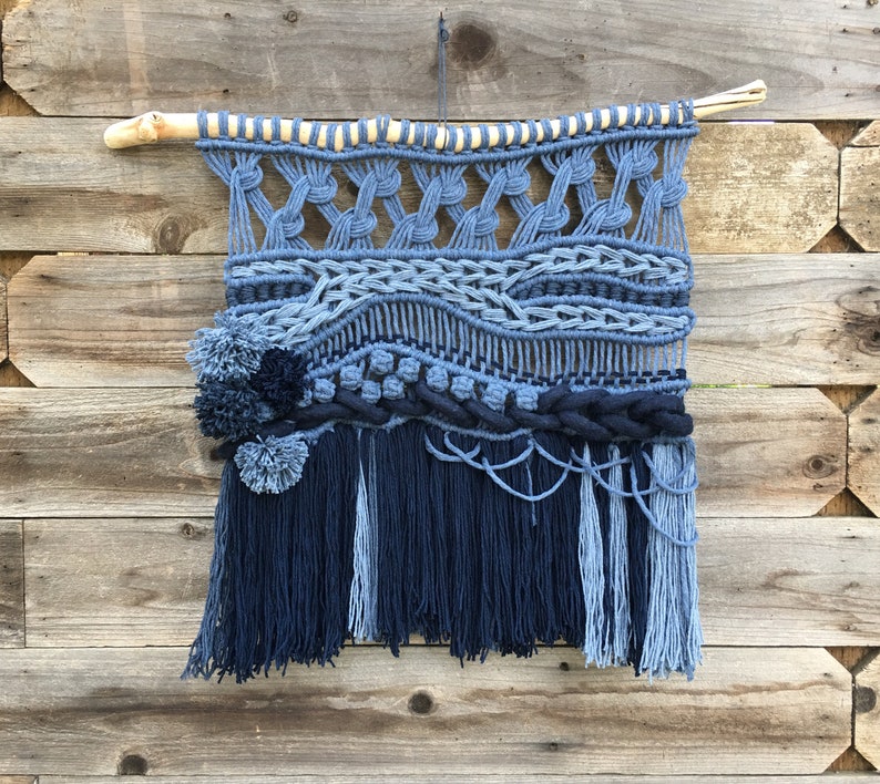 Navy greyblue denim toned macrame wall hanging Etsy