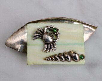 Crab and Shell Sterling pin brooch