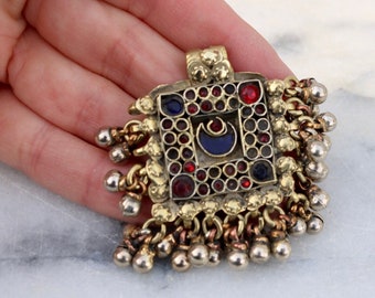 Vintage square prayer box red and blue glass pendant