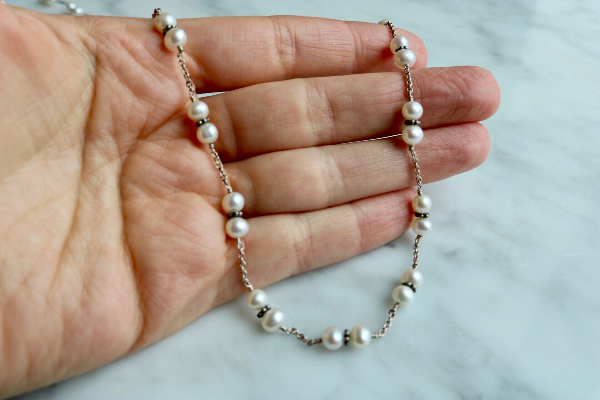 Long Natural Double Pearl Station Necklace on Sterling Silver - Etsy