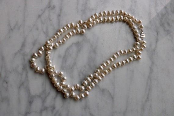 Long Irregular Pearl Necklace: Sterling Silver Cl… - image 1