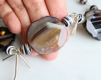 Botswana free form Agate and Lampwork beaded necklace and earrings with sterling silver detail