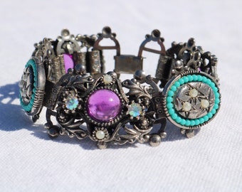 Ornate Vintage 1950s clear rhinestone and purple cabochons links bracelet