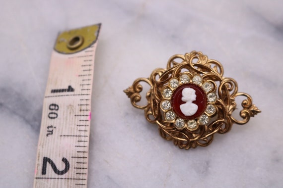 Vintage Coro gold tone and rhinestone cameo pin b… - image 2