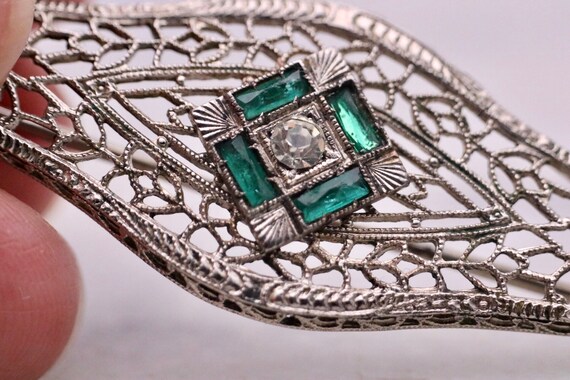 Vintage 10K white gold filigree pin brooch with g… - image 4