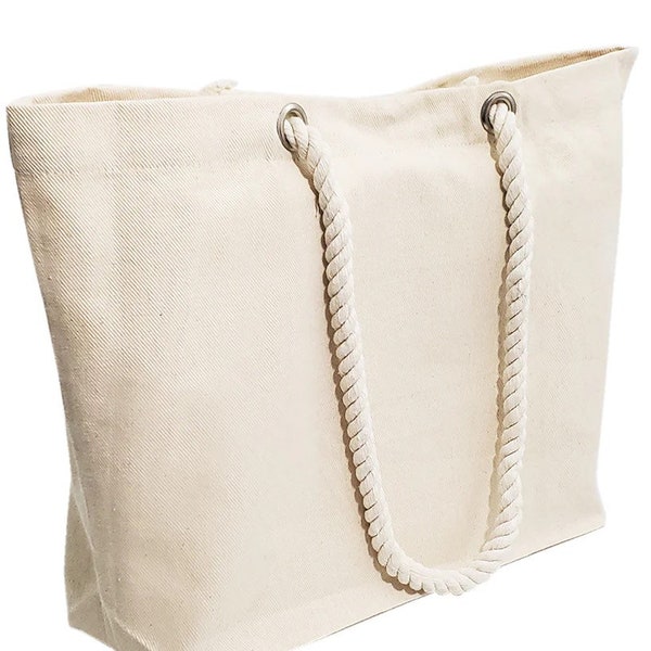 Beach Bag with Rope Handles, Customized Large Tote Bag with Zipper Interior Pocket