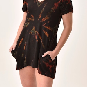 Hand Painted Reverse Tie Dye V Neck Short Sleeve Dress/Blouse Bohemian Tunic Hippie Tie-Dye Tunic Festival Dress Spandex Rayon Blend Dress