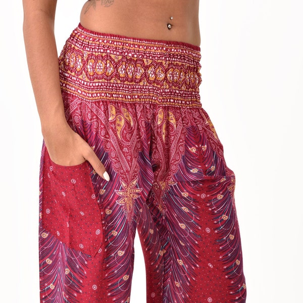 Pants Peacock Smock Waist designer fit Printed Thai Yoga Harem Aladdin Boho Rayon Hippie Festival with elastic and Fabric Drawstring