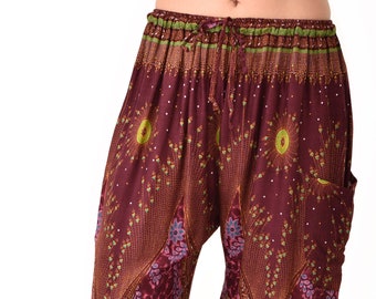 Pantalones harén con estampado de pavo real: pantalones bohemios de rayón para festivales