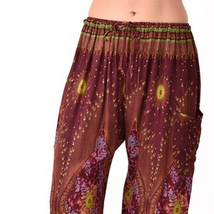 Pants Peacock Designer fit Printed Yoga Harem Aladdin Boho Rayon Hippie Festival Pants with Elastic Waistband and custom fabric Drawstring