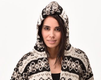 Hand-Knitted Merino Wool Nordic Cardigan: Fleece Lined Hoodie