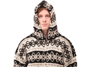 Hand-Knitted Merino Wool Nordic Cardigan: Fleece Lined Hoodie