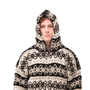 Hand-Knitted Merino Wool Nordic Cardigan: Fleece Lined Hoodie