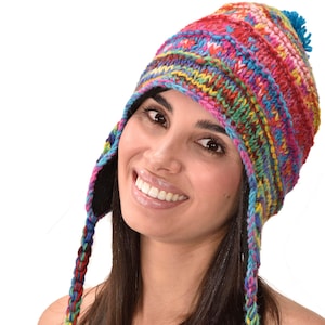 Hand Knitted Merino Wool Chullo Hat: Polar Fleece Lined Sherpa Style