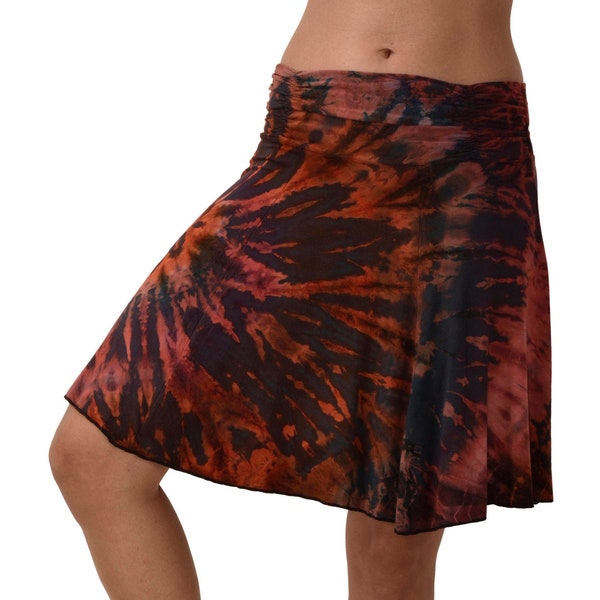 Skirt Short reverse Tie Dye Ikat style hand painted Thai Mudmee quality soft silky Rayon Spandex blended fabric Bohemian Chic Festival Skirt